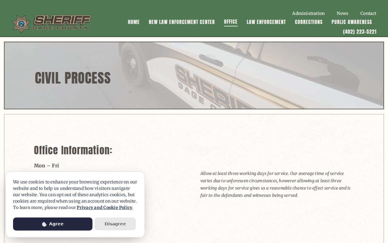 Gage County service hours and municipal warrant routing