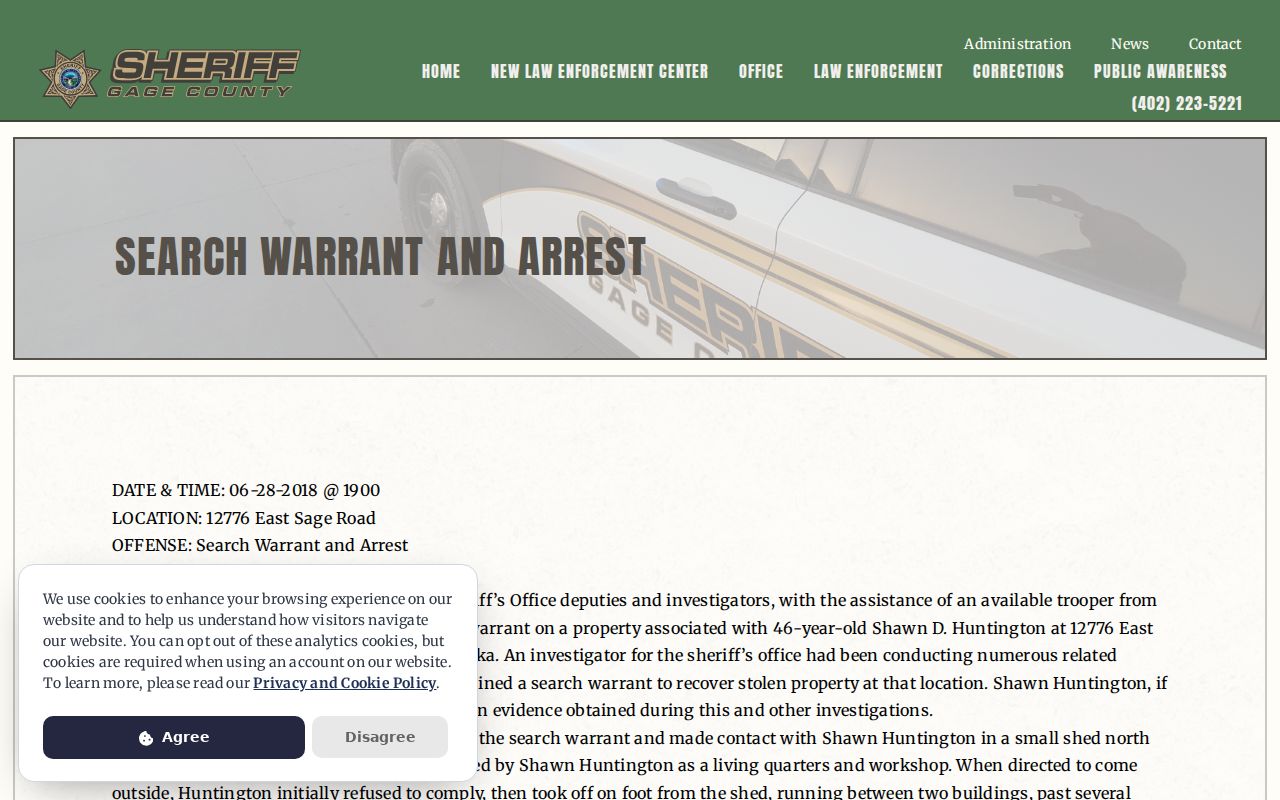 Gage County arrest warrant system history and service context