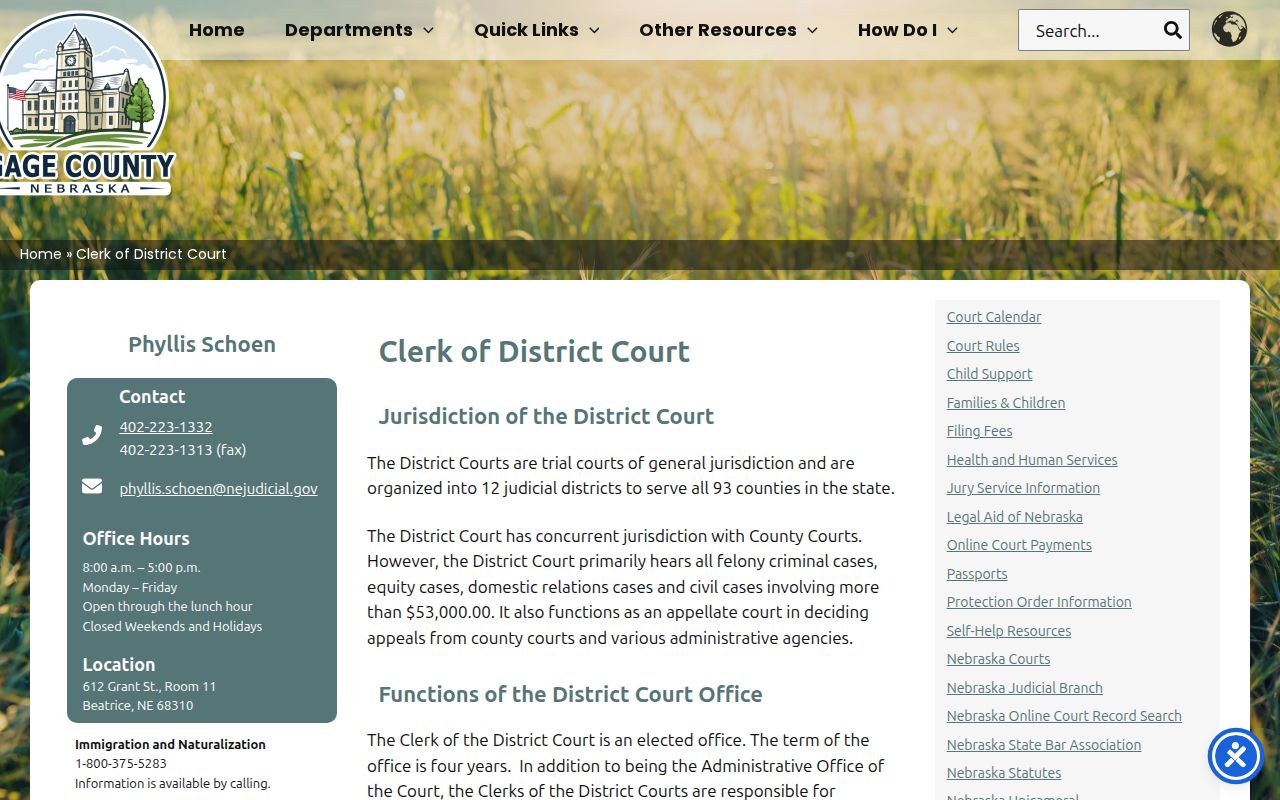 Gage County District Clerk contact for bench warrant records