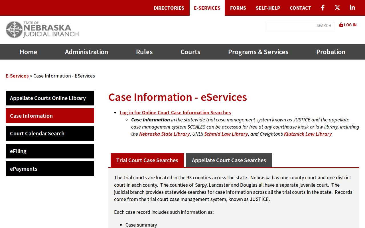 Gage County warrant search criteria on Nebraska court records page