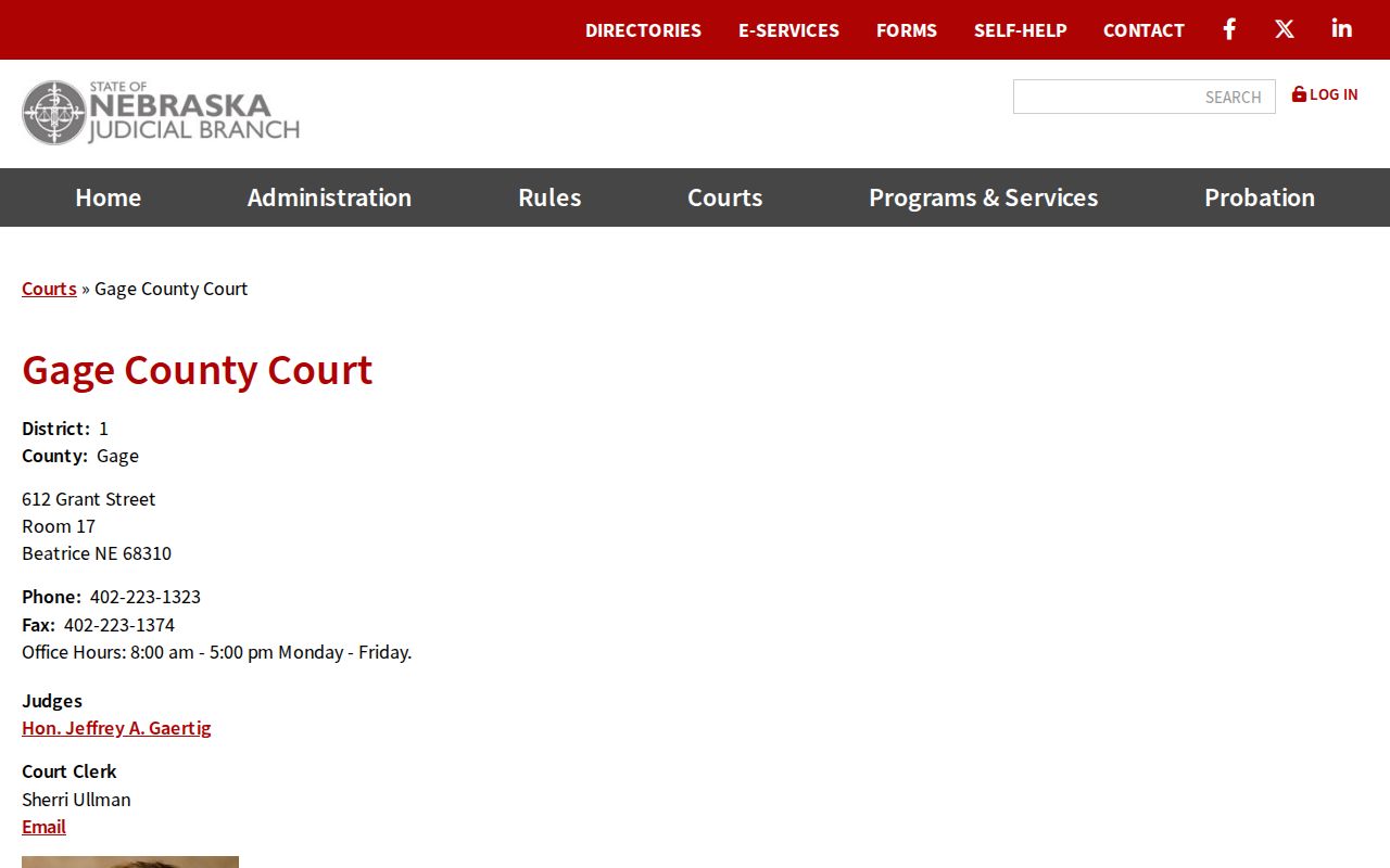 Nebraska County Court structure for Gage County municipal warrant records