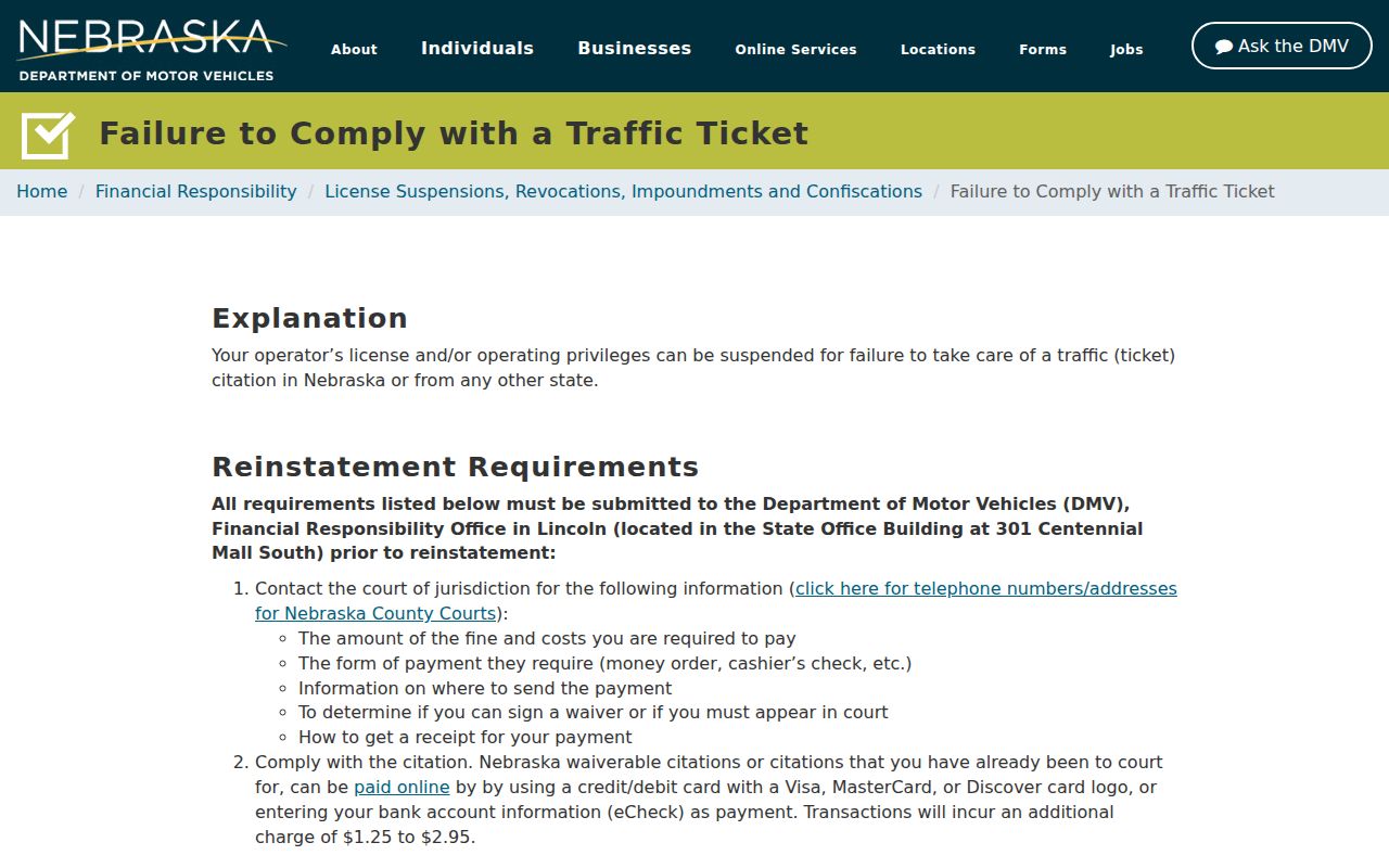 Nebraska traffic citation compliance information for Gage County warrant records