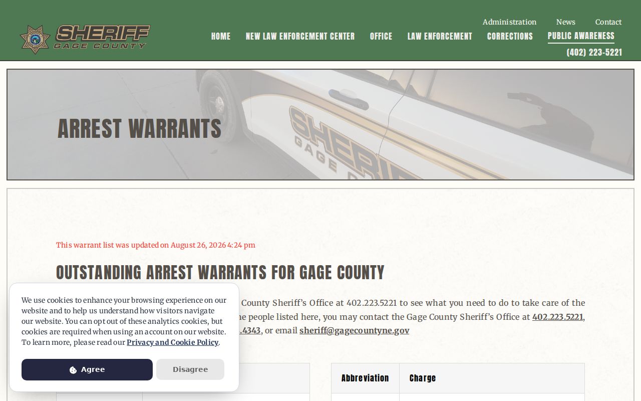 Gage County active warrant list and update controls